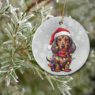 Dachshund Dog Wrapped in Christmas Lights  Ceramic Tree Decoration