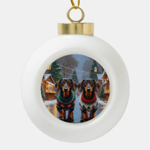 Dachshund Dogs Christmas Snow Holiday Ceramic Ball Christmas Ornament
