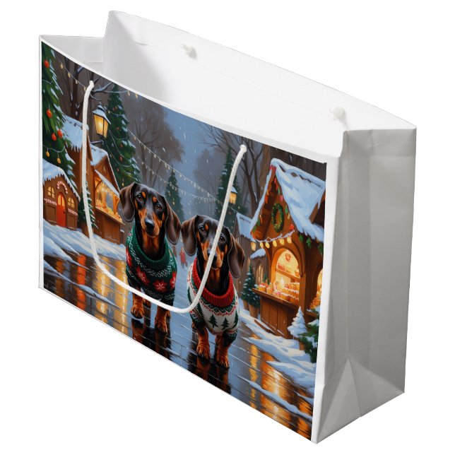 Dachshund Dogs Christmas Snow Holiday Large Gift Bag (Front Angled)