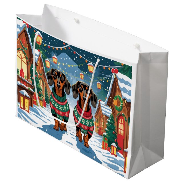 Dachshund Dogs Christmas Snow Holiday Large Gift Bag (Front Angled)