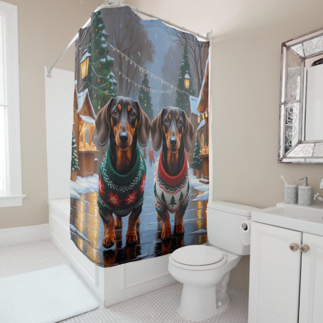 Dachshund Dogs Christmas Snow Holiday Shower Curtain (In Situ)