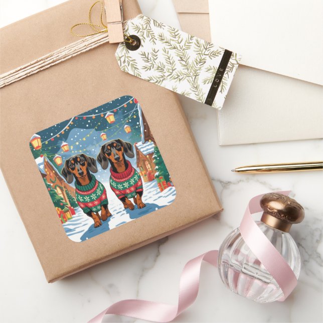 Dachshund Dogs Christmas Snow Holiday Square Sticker (Gifting)