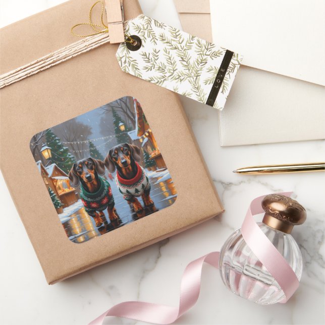 Dachshund Dogs Christmas Snow Holiday Square Sticker (Gifting)