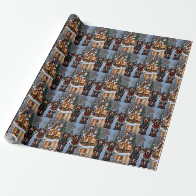 Dachshund Dogs Christmas Snow Holiday Wrapping Paper (Unrolled)