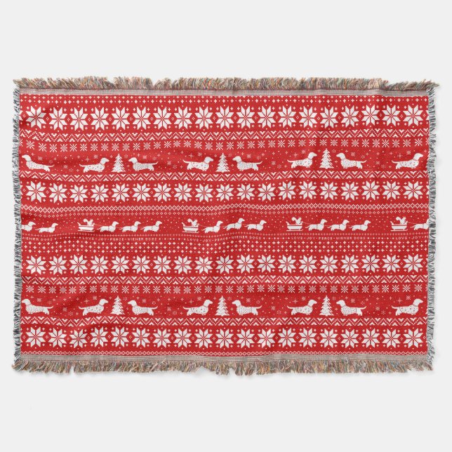 Dachshund Dogs Fun Christmas Holiday Pattern Red Throw Blanket (Front)