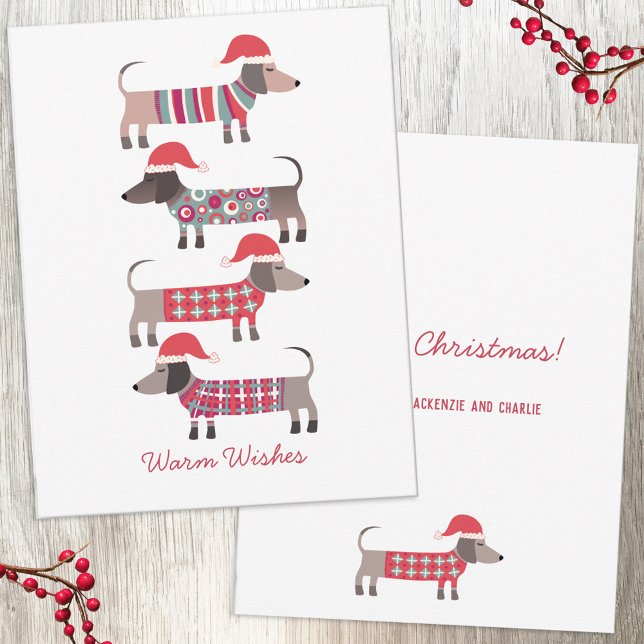 Dachshund Dogs in Christmas Hats Holiday Card (Fun Christmas Dachshund Wiener Sausage dog holiday cards)