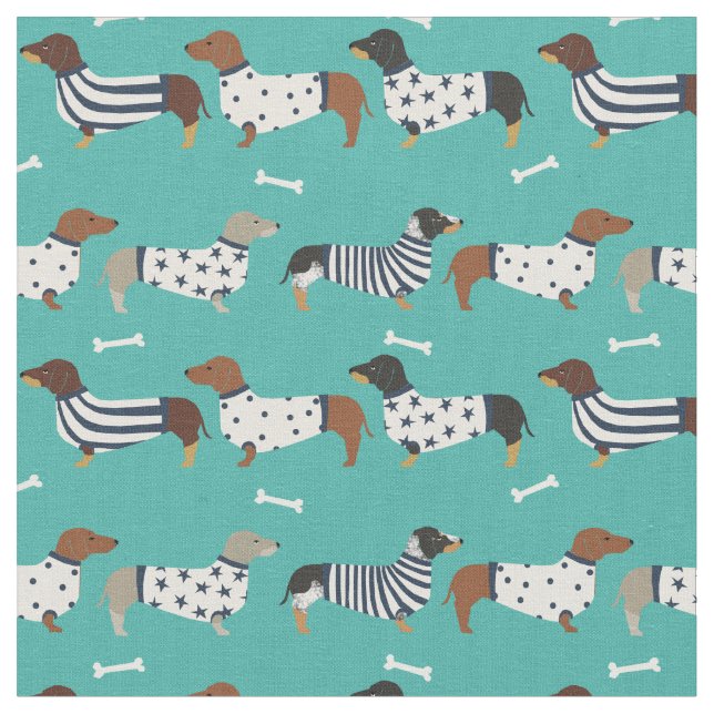 Dachshund dogs in sweaters turquoise fabric (Close Up)