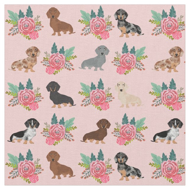Dachshund dogs pink florals fabric (Close Up)