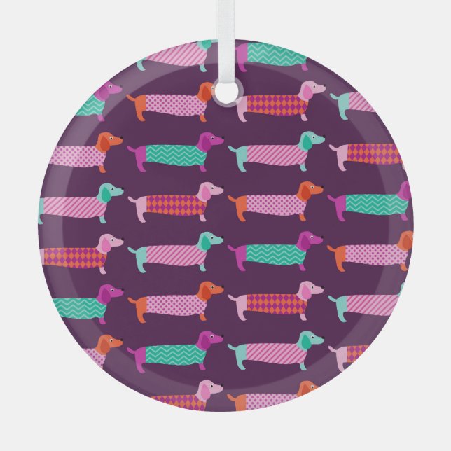 Dachshund Dogs: Seamless Cute Pattern. Glass Tree Decoration (Front)