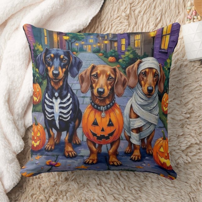 Dachshund Dogs Trick-or-Treating in Halloween Cushion (Blanket)