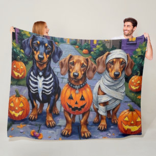 Dachshund Dogs Trick-or-Treating in Halloween Fleece Blanket