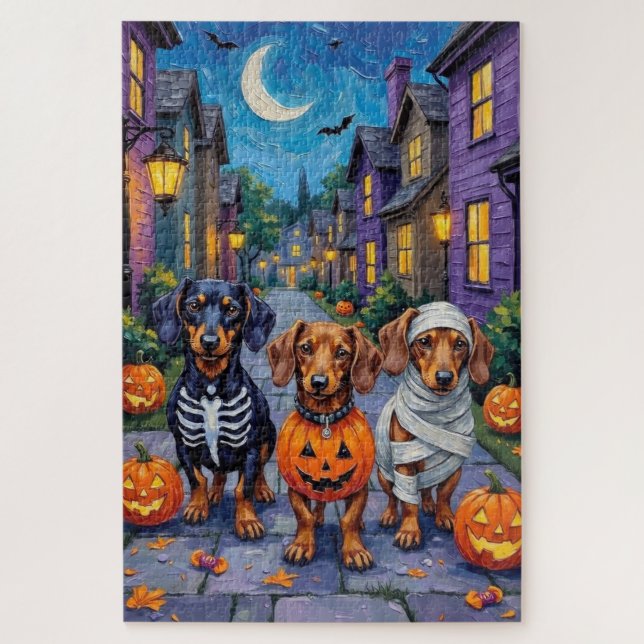 Dachshund Dogs Trick-or-Treating in Halloween Jigsaw Puzzle (Vertical)