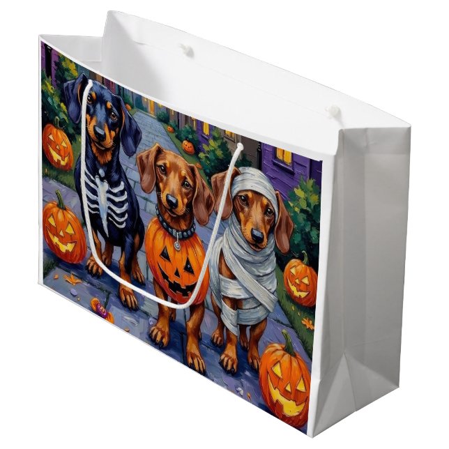 Dachshund Dogs Trick-or-Treating in Halloween Large Gift Bag (Front Angled)