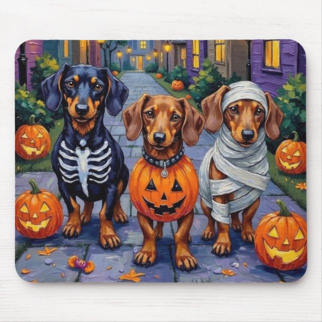 Dachshund Dogs Trick-or-Treating in Halloween Mouse Mat (Front)