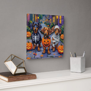 Dachshund Dogs Trick-or-Treating in Halloween Square Wall Clock