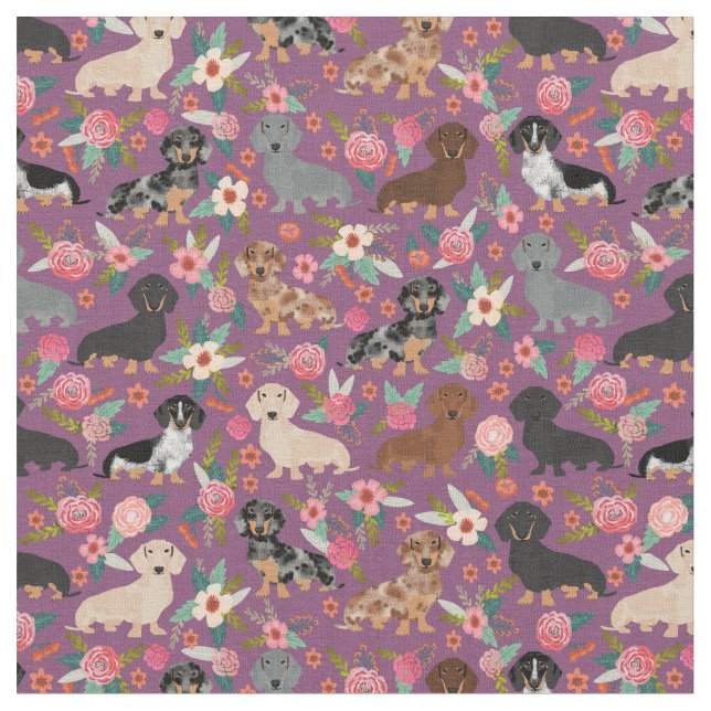 Dachshund Dogs vintage florals eggplant Fabric (Close Up)