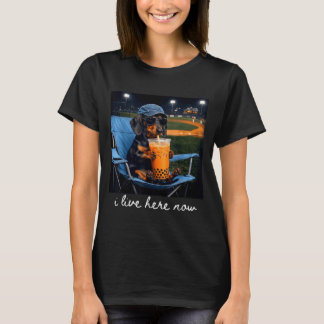 Dachshund drink iced coffee baseball field live T-Shirt