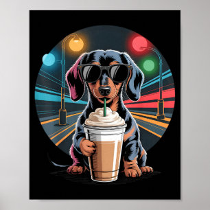 Dachshund drinking iced coffee animal dog meme  poster