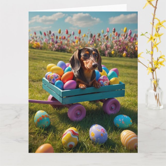 Dachshund Easter Eggs Card (Yellow Flower)