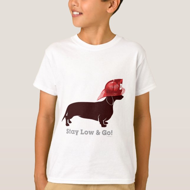 Dachshund Firefighter "Stay Low" T-Shirt (Front)