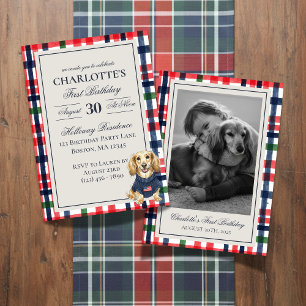 Dachshund First Birthday Vintage Americana Plaid  Invitation