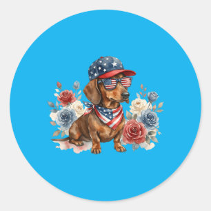Dachshund Floral American Flag Usa 4th Of July Classic Round Sticker