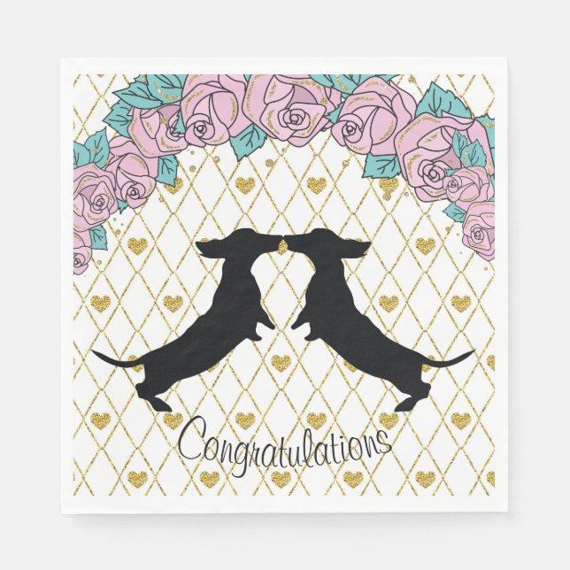 Dachshund Floral Hearts Engagement Paper Napkins (Front)