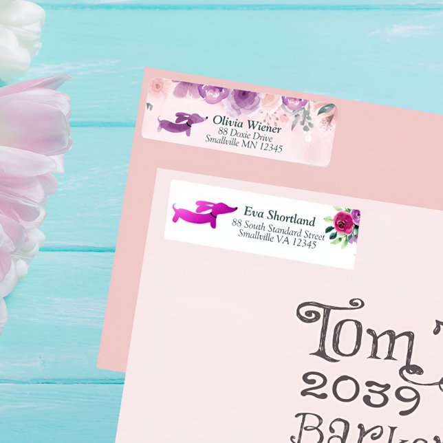 Dachshund Floral Return Address Label Purple (Cottagecore dachshund floral address labels - wedding or everyday use)
