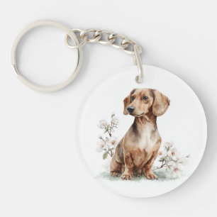 Dachshund Floral Watercolor Art Key Ring