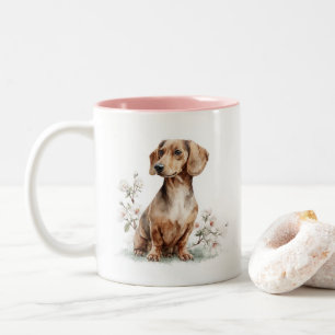 Dachshund Floral Watercolor Art Two-Tone Coffee Mug