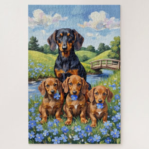 Dachshund Forget-Me-Not Meadow Art Jigsaw Puzzle