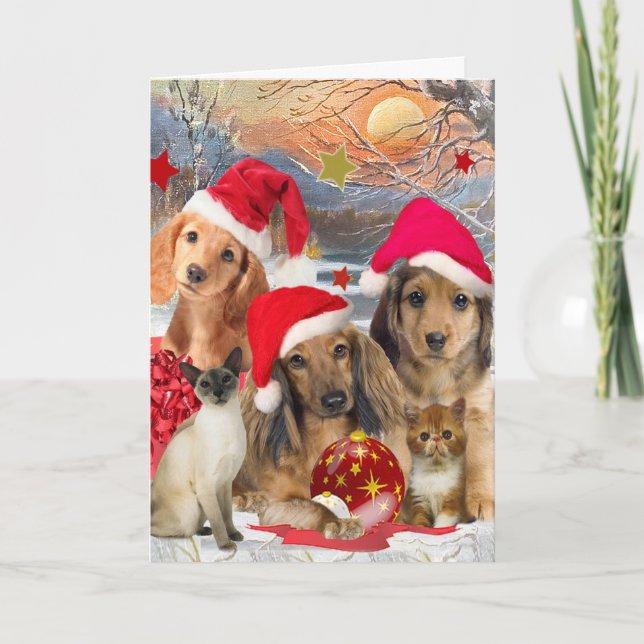 Dachshund & Friends Christmas Gathering Holiday Card (Front)