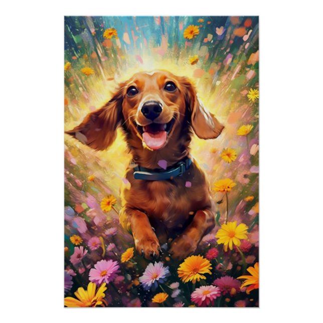 Dachshund Frolicking In A Field Of Colourful Flowe Poster (Front)