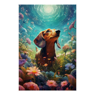 Dachshund Frolicking In A Field Of Colourful Flowe Poster