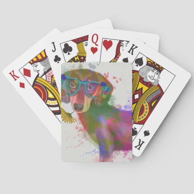 Dachshund & Glasses Rainbow Splash Playing Cards (Back)