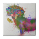 Dachshund & Glasses Rainbow Splash Tile<br><div class="desc">This watercolor print features a colourful portrait of a dachsund in teal glasses adorned in flowers | By Fab Funky</div>