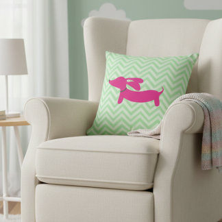 Dachshund + Green Chevron Cushion