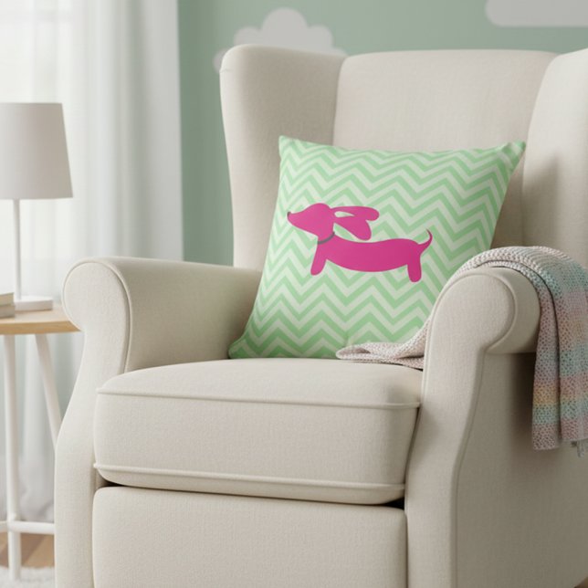 Dachshund + Green Chevron Cushion (Green and pink dachshund pillow for wiener dog lover home)