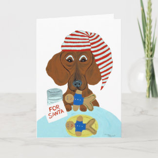 Dachshund Guarding Santa's Cookies Holiday Card