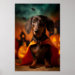 Dachshund Halloween Print, Dog in Pumpkin Costume Poster