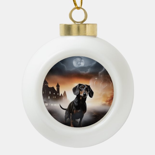 Dachshund Halloween Scary Ceramic Ball Christmas Ornament (Front)