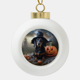 Dachshund Halloween Scary Ceramic Ball Christmas Ornament