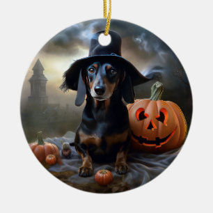 Dachshund Halloween Scary Ceramic Tree Decoration