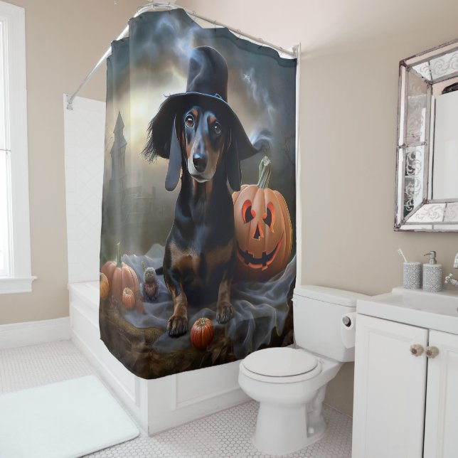 Dachshund Halloween Scary Shower Curtain (In Situ)