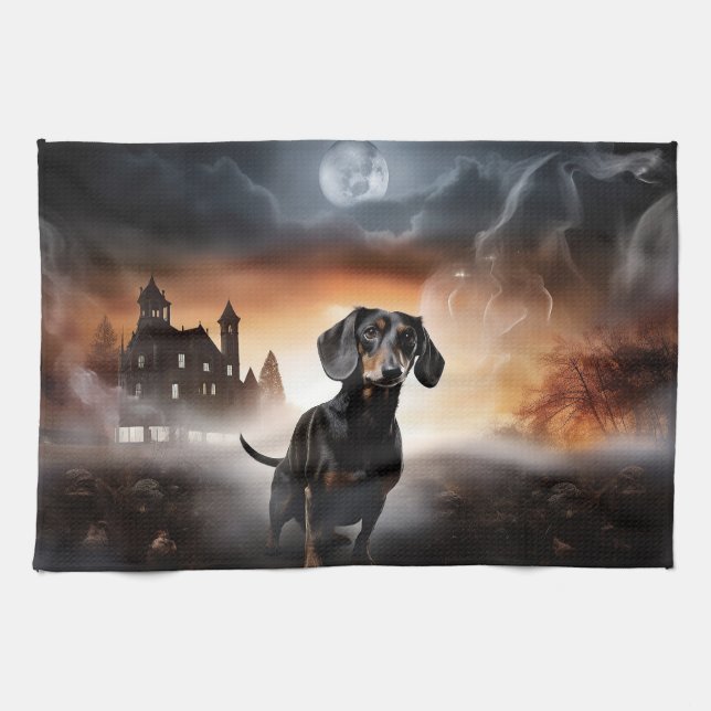 Dachshund Halloween Scary Tea Towel (Horizontal)