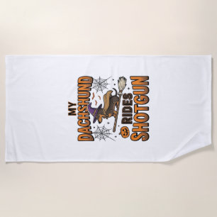 Dachshund Halloween Witch Broom Rides Shotgun Shir Beach Towel