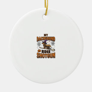 Dachshund Halloween Witch Broom Rides Shotgun Shir Ceramic Tree Decoration