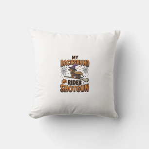 Dachshund Halloween Witch Broom Rides Shotgun Shir Cushion