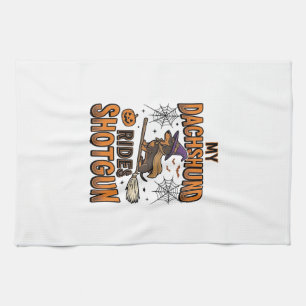 Dachshund Halloween Witch Broom Rides Shotgun Shir Tea Towel