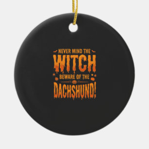Dachshund Halloween Witch Warning Typography Vecto Ceramic Tree Decoration